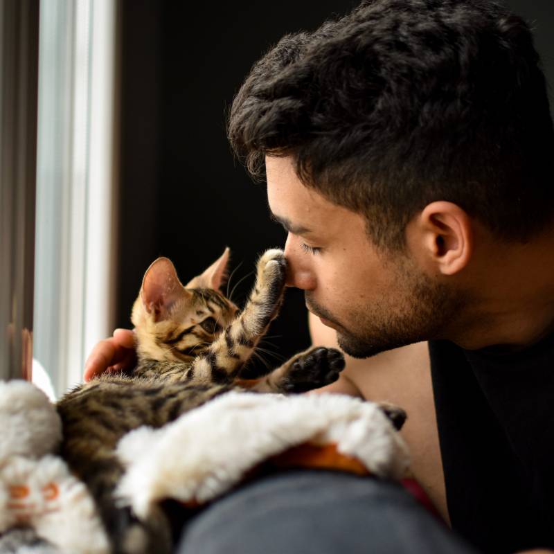 A man with a kitten pawing his face on a blanket
