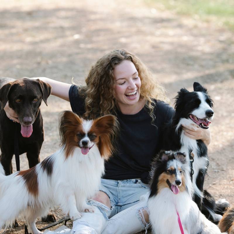 A woman with four dogs sitting outdoors